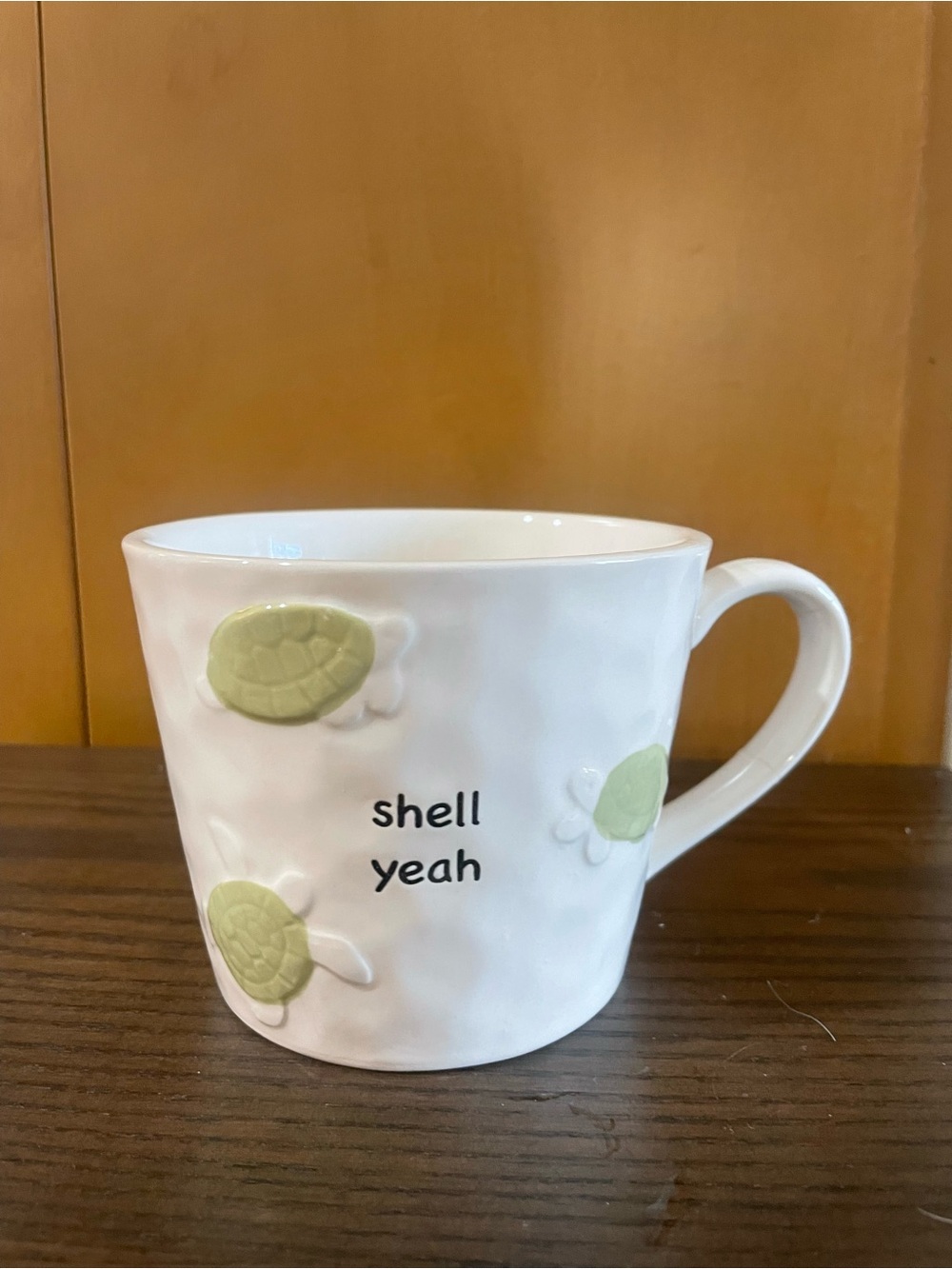 White Ceramic Mug with Green Turtle Accents - "shell yeah"